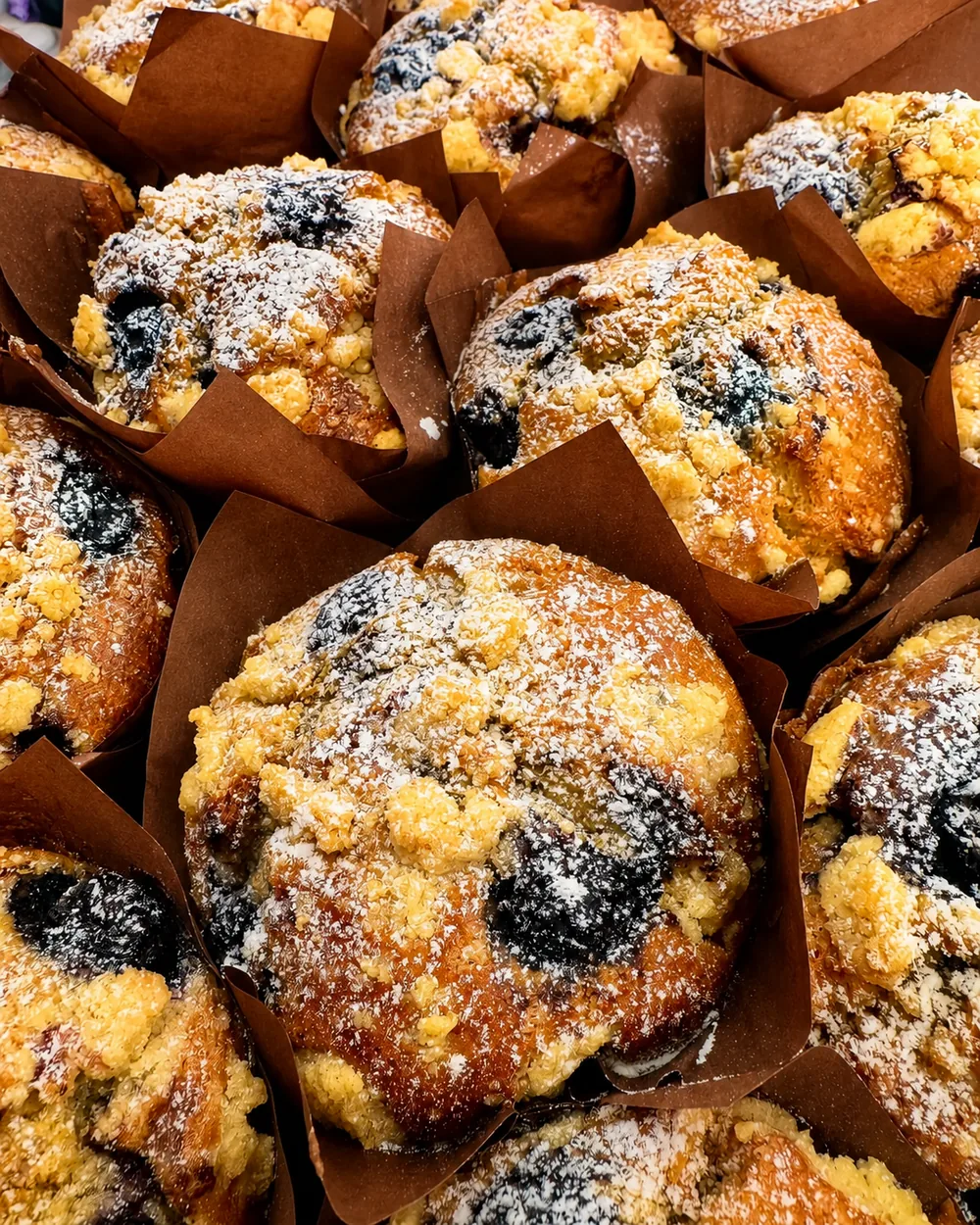 Blueberry muffins dusted with icing sugar