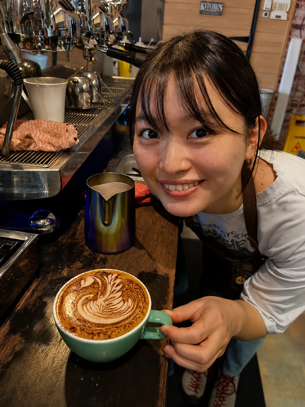 A smiling person holding a green cup of coffee beside the cafe’s espresso machine