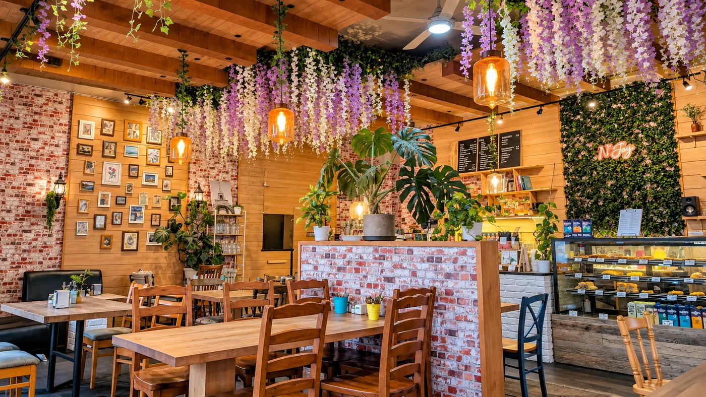N’Joy Cafe interior with hanging flowers, wooden tables, leafy counter and cabinet display