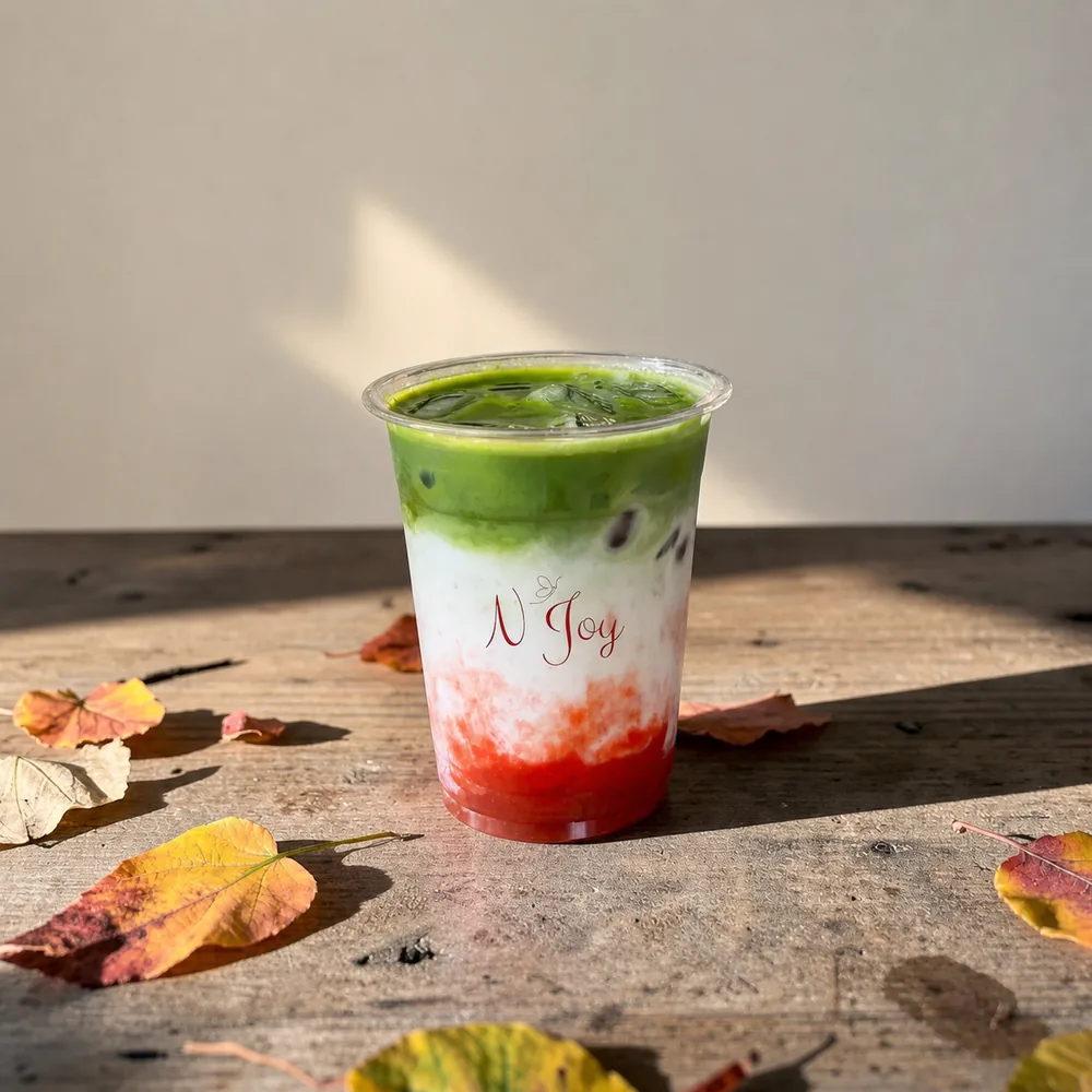 N’Joy’s iced strawberry matcha, with strawberry, milk and green matcha layers