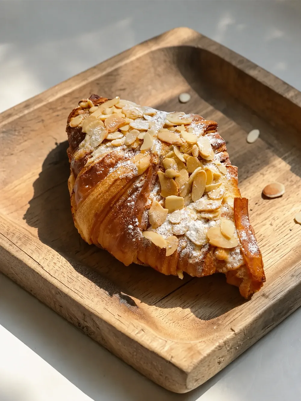 An almond croissant topped with flaked almonds on a wooden board
